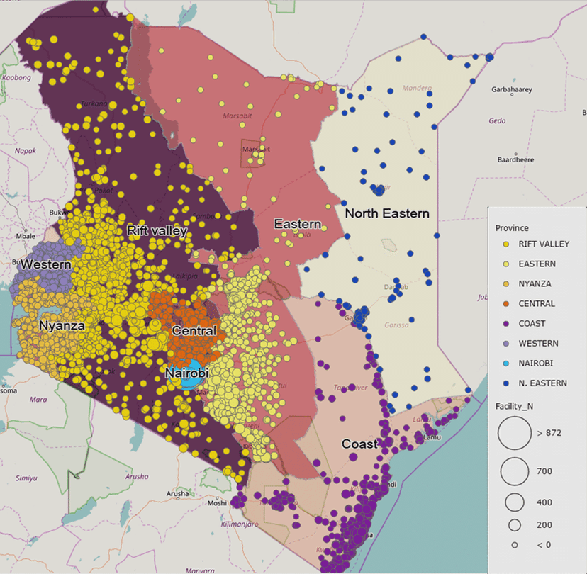Distribution map of health facilities across Kenya